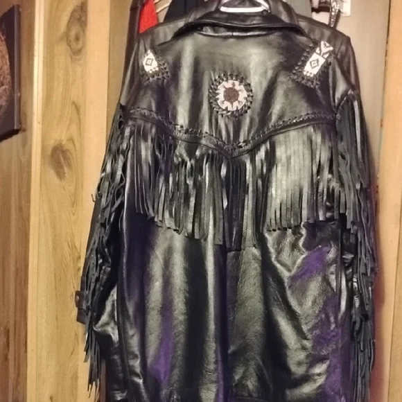 Women's M Black Tribal Leather Fringe Jacket w/ Beaded Straps & Turtles - Picture 5 of 6